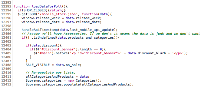 Supreme loadDataForPoll function that grabs mobile_stock and updates the site view.